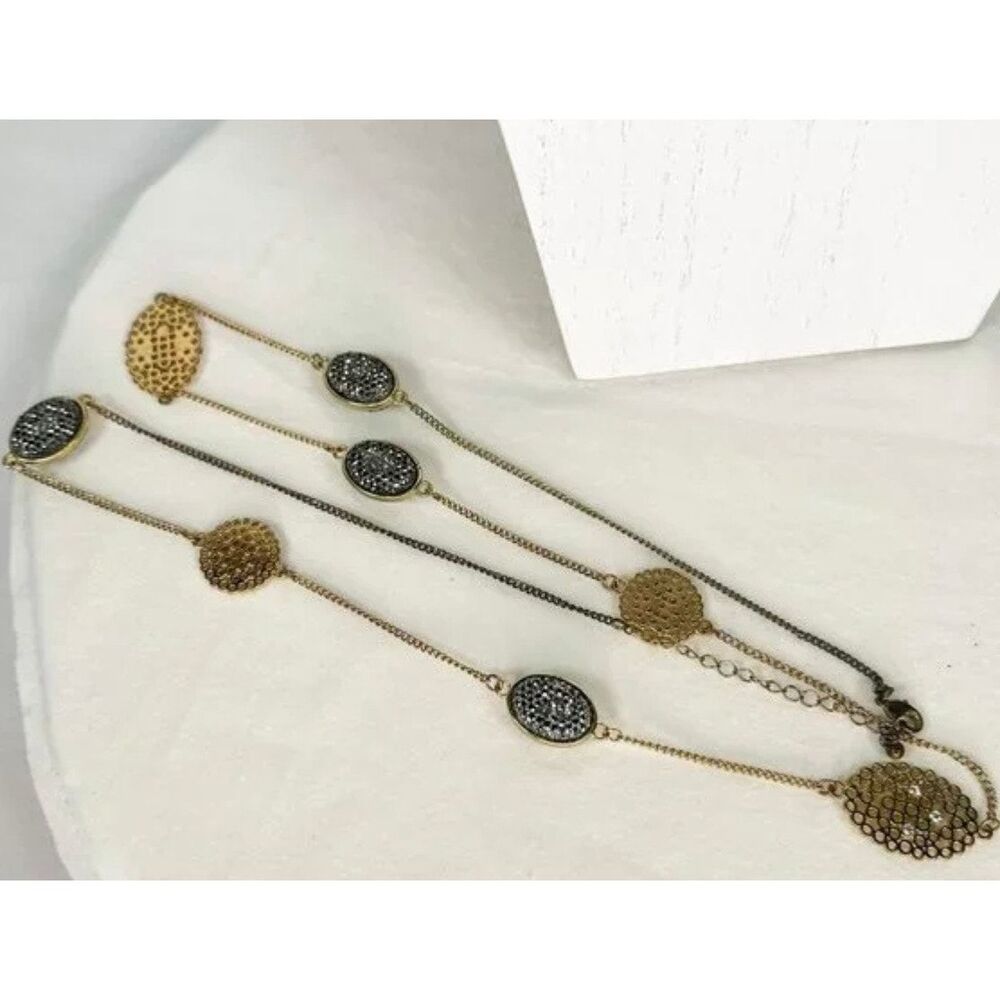 Vintage Sparkle Gem Spaced with Gold Etched Plate Station Necklace